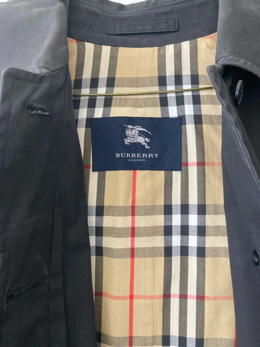 Dark Navy Burberry Trench Coat with Plaid Trim - Picture 2 of 8